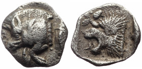 Mysia, Kyzikos AR Hemiobol (Silver, 0.39g, 10mm) ca 450-400 BC. 
Obv: Forepart of boar left; to right, tunny upward 
Rev: Head of roaring lion left; s...
