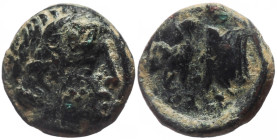 Mysia, Pergamon, ca 450 BC, AE (Bronze, 9.4 mm, 0.95 g).
Obv. Laureate head of Apollo to right.
Rev. Confronted bull's heads, ΠΕΡ above. 
Ref: =SNG Fr...