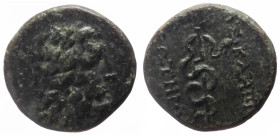Mysia, Pergamon, AE (Bronze, 16.9 mm, 3.76 g), 200-113 BC.
Obv. Laureate head of Asclepios (or Zeus) right.
Rev. ΑΣΚΛΗΠΙ[ΟΥ] / ΣΩΤΗΡoΣ, serpent-entwin...