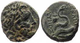Mysia, Pergamon, AE (Bronze, 19.7 mm, 6.48 g), ca 133-27 BC. 
Obv. Laureate head of Asklepios to right.
Rev. [A]ΣKΛHΠI[OΣ] - [Σ]ΩTHPoΣ, serpent coiled...