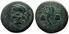Mysia, Adramytion AE (Bronze, 7.81g, 21mm) ca 2nd cent. BC
Obv: Laureate head of Apollo left
Rev: Cornucopia between caps of Dioskuroi
Ref: BMC 7-8, S...