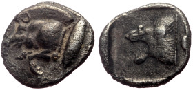 Mysia, Kyzikos AR Diobol (Silver, 0.97g, 11mm) ca 525-475 BC
Obv: Forepart of boar to left, a tunny on right. 
Rev: Head of a roaring lion facing to l...