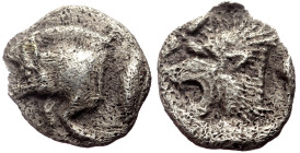 Mysia, Kyzikos AR Hemiobol (Silver, 0.32g, 9mm) ca 525-475 BC.
Obv: Forepart of boar left; H on shoulder, tunny behind 
Rev: Head of lion left within ...