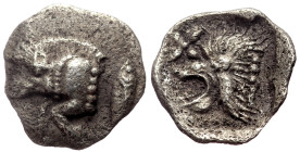 Mysia, Kyzikos AR Hemiobol (Silver, 0.38g, 9mm) ca 450-400
Obv: Forepart of boar left; to right, tunny upward.
Rev: Head of lion left; star above; all...