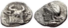 Mysia. Kyzikos AR Hemiobol (Silver, 0.32g, 9mm) ca 525-475 BC
Obv: Youthful, head of Attis left, wearing Phrygian cap; below, tunny-fish left.
Rev: Fo...