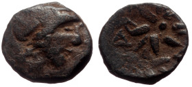 Mysia, Gambrion AE (Bronze, 1.80g, 11mm) ca 350-250 BC.
Obv: Laureate head of Apollo right 
Rev: 12-rayed star, pellet in center; Γ-Α-[Μ] between rays...