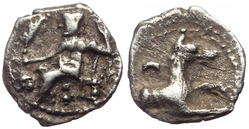 Lycaonia, Laranda AR Obol (Silver, 0.54g, 10mm) ca 324/3 BC. 
Obv: Baaltars seat...