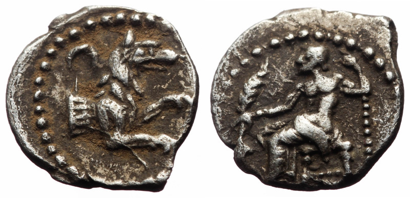 Lycaonia, Laranda, obol (Silver, 11.0 mm, 0.61 g), ca 324/3 BC.
Obv: Baal seated...