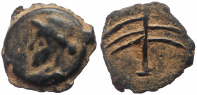 Judaea, Caesarea Maritima AE (Bronze, 1.10g, 14mm) 1st-3rd centuries
Obv: head left wearing hat
Rev: Palm tree.
Cf. Hamburger 20.