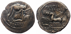 M. Aemilius Scaurus, P. Plautius Hypsaeus AR Denarius (Silver, 3.64g, 19mm) Rome, 58 
Obv: M·SCAVR / AED CVR Kneeling figure r., holding olive branch...