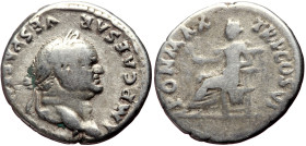 Vespasian (69-79) AR Denarius (Silver, 3.19g, 19mm) Rome, 75 
Obv: IMP CAESAR - VESPASIANVS AVG, Head laureate right. 
Rev: PON MAX - TR P COS VI, P...