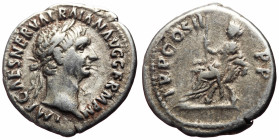 Trajan (98-117) AR Denarius (Silver, 3.20g, 19mm) Rome, 98-99. 
Obv: IMP CAES NERVA TRAIAN AVG GERM, laureate head right 
Rev: P M TR P COS II P P, ...