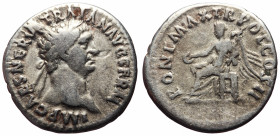 Trajan (98-117) AR Denarius (Silver, 3.23g, 19mm) 98-99
Obv: IMP CAES NERVA TRAIAN AVG GERM Laureate head r. 
Rev: P M TR P COS II P P Victory seate...
