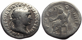 Trajan (98-117) AR Denarius (Silver, 2.65g, 18mm) Rome, 101-102. 
Obv: IMP CAES NERVA TRAIAN AVG GERM, laureate bust to right, slight drapery on far ...