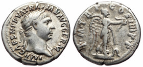 Trajan (98-117) AR Denarius (Silver, 3.48g, 19mm) Rome, 101/2. 
Obv: IMP CAES NERVA TRA-IAN AVG GERM, laureate head of Trajan right. 
Rev: P M TR P ...