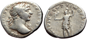 Trajan (98-117) AR Denarius (Silver, 3.51g, 19mm) Rome, 110. 
Obv: IMP TRAIANO AVG GER DAC P M TR P, laureate bust of Trajan right, slight drapery at...