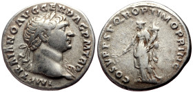 Trajan (98-117) AR Denarius (Silver, 3.13g, 19mm) Rome, 108-109. 
Obv: IMP TRAIANO AVG GER DAC P M TR P, laureate bust right, slight drapery on far s...