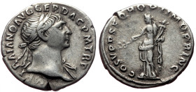 Trajan (98-117) AR Denarius (Silver, 3.06g, 19mm) Rome 108
Obv: IMP TRAIANO AVG GER DAC P M TR P, laureate bust to right of Trajan with drapery on th...