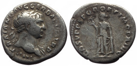 Trajan (98-117) AR denarius (Silver, 3.02g, 19mm) Rome, 103-111. 
Obv: IMP TRAIANO AVG GER DAC P M TR P, laureate head of Trajan right, drapery on le...
