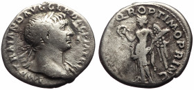 Trajan (98-117) AR Denarius (Silver, 2.96g, 19mm) Rome, 103-111. 
Obv: IMP TRAIANO AVG GER DAC P M TR P, laureate head right, slight drapery on far s...