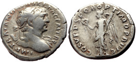 Trajan (98-117) AR Denarius (Silver, 3.23g, 19mm) Rome, 103-111. 
Obv: IMP TRAIANO AVG GER DAC P M TR P, laureate head right, slight drapery on far s...
