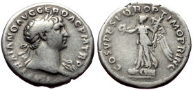 Trajan (98-117) AR Denarius (Silver, 3.26g, 19mm) Rome.
Obv: IMP TRAIANO AVG GER DAC P M TR P, Laureate head right, slight drapery on left shoulder....