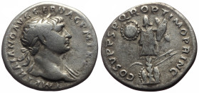 Trajan (98-117) AR Denarius (Silver, 3.01g, 19mm) Rome, 107-108. 
Obv: IMP TRAIANO AVG GER DAC P M TR P, Laureate bust right, slight drapery 
Rev: C...
