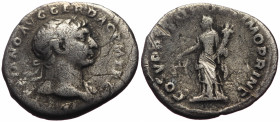 Trajan (98-117) AR Denarius (Silver, 2.61g, 19mm) Rome, ca 107
Obv: IMP TRAIANO AVG GER DAC P M TR P COS V P P, Laureate bust r., with drapery on l. ...