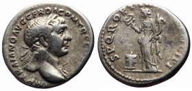 Trajan (98-117) AR Denarius (Silver, 3.23g, 19mm) Rome, 106-107. 
Obv: IMP TRAIANO AVG GER DAC P M TR P COS V P P, Laureate head of Trajan to right, ...