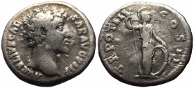 Marcus Aurelius (Caesar, 139-161) AR denarius (Silver, 3.34g, 18mm)Rome, 148-149. 
Obv: AVRELIVS CAE-SAR AVG PII F, bare head of Marcus Aurelius right...