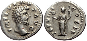 Lucius Verus (161-169) Pseudo Imperial coinage
Obv: IMP L VERVS AVG, Head of Lucius Verus, bare, right
Rev: TR P VIIII COS II, Liberalitas standing ...