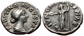 Faustina II (147-175) AR Denarius (Silver, 17mm, 3.43g), Roma (Rome), 161-164.
Obv. FAVSTINA AVGVSTA, draped bust to right.
Rev: IVNONI REGINAE, Juno ...