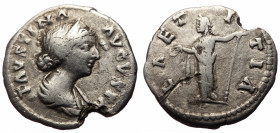 Faustina II (145-175) AR Denarius (Silver, 3.06g, 18mm) Rome 156-175 
Obv: FAVSTINA – AVGVSTA, Draped bust r. 
Rev: LA – E – T – ITIA Laetitia standin...