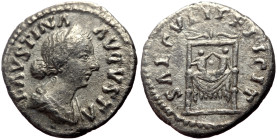Faustina II (147-176) AR Denarius (Silver, 2.84g, 18mm) Rome, 161, 
Obv: FAVSTINA AVGVSTA, draped bust to right 
Rev: SAECVLI FELICIT, throne on which...