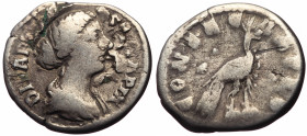 Diva Faustina II (sied 175) AR Denarius (Silver, 3.00g, 18mm) Rome, 175-180. 
Obv: DIVA FAVSTINA PIA, draped bust to right 
Rev: CONSECRATIO, peacock ...