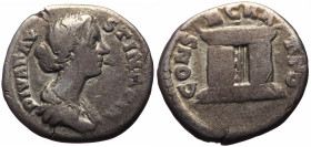 Diva Faustina II (Died 176) AR Denarius (Silver, 2.57g, 18mm) Rome.
Obv: DIVA FAVSTINA PIA, Draped bust right.
Rev: CONSECRATIO, Altar.
Ref: RIC 746.