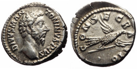 Divus Marcus Aurelius (Died 180) AR Denarius (Silver, 3.92g, 19mm) Rome
Obv: DIVVS M ANTONINVS PIVS, bare ead of Divus Marcus Aurelius right 
Rev: CON...