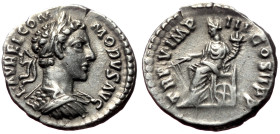 Commodus (177-192) AR Denarius (Silver, 3.35g, 18mm) Rome, 179-180 
Obv: L AVREL COMMODVS AVG legend with laureate, cuirassed bust right. 
Rev: TR P V...