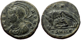 City Commemorative AE Follis (Bronze, 2.86g, 18mm) Nicomedia, 330-335. 
Obv: VRBS ROMA, helmeted bust of Roma left 
Rev: She-wolf and twins, two stars...
