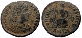 Theodosius I AE Follis (Bronze, 2.13g, 17mm) Antioch, 378-383. 
Obv: D N THEODOSIVS P F AVG, pearl diademed, draped and cuirassed bust right 
Rev: CON...