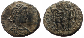 Arcadius (383-408) AE Follis (Bronze, 3.08g, 17mm) Nicomedia. 
Obv: D N ARCADIVS P F AVG, Pearl-diademed, draped, and cuirassed bust right. 
Rev: VIRT...