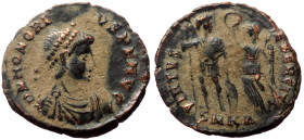Honorius (393-423) AE Follis (Bronze, 2.89g, 18mm) Cyzikus
Obv: DN HONORIVS P F AVG, diademed and draped bust right.
Rev: VIRTVS EXERCITI, Emperor sta...