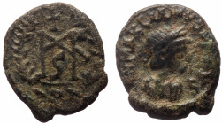 Marcian (450-457) AE Nummus (Bronze, 0.97g, 10mm) Constantinople 
Obv: Pearl–diademed, draped, and cuirassed bust right 
Rev: Cross above monogram of ...