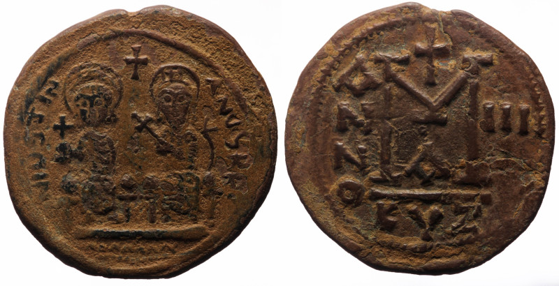 Justin II, with Sophia (565-578) AE Follis (Bronze, 13.14g, 33mm) Kyzikos.
Obv: ...