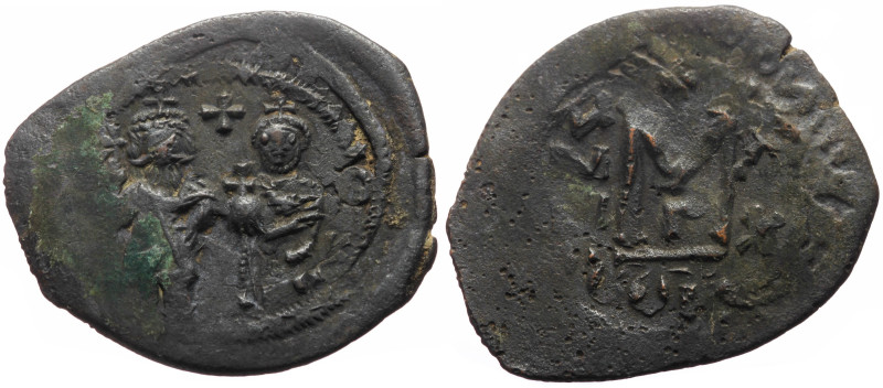 Heraclius, with Heraclius Constantine (610-641) AE Follis (Bronze, 10.08g, 36mm)...