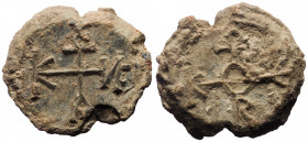 Byzantine seal (Lead, 28.2 mm, 16.60 g) Constantine – (seventh century).
Obv: Invocativre cruciform monogram type Laurent XII = Θεοτόκε βοήθει
Rev: ...