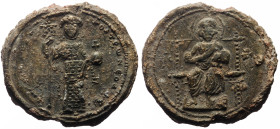 Byzantine seal (Lead, 33.4 mm, 26.22 g) Michael VII Doukas (1071–1078)
Obv: Christ seated on a square-backed throne. The upper part of the throne is ...