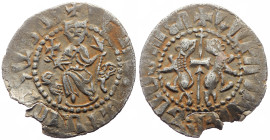 Armenia, Cilician Armenia, Royal, Levon I (1198-1219) AR Tram (Silver, 2.56g, 23mm) 
Obv: Levon seated facing on leonine throne, holding lis and orb. ...
