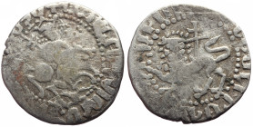 Armenia, Cilician Armenia. Royal. Levon II (1270-1289) AR Tram (Silver, 2.32g, 21mm) 
Obv: Crowned figure of Levon on horseback right, holding patriar...