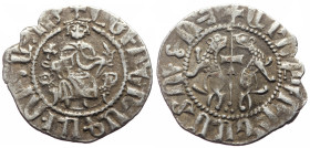 Armenia, Cilician Armenia, Royal, Levon I (1198-1219) AR Tram (Silver, 2.69g, 22mm) 
Obv: Levon seated facing on leonine throne, holding lis and orb. ...